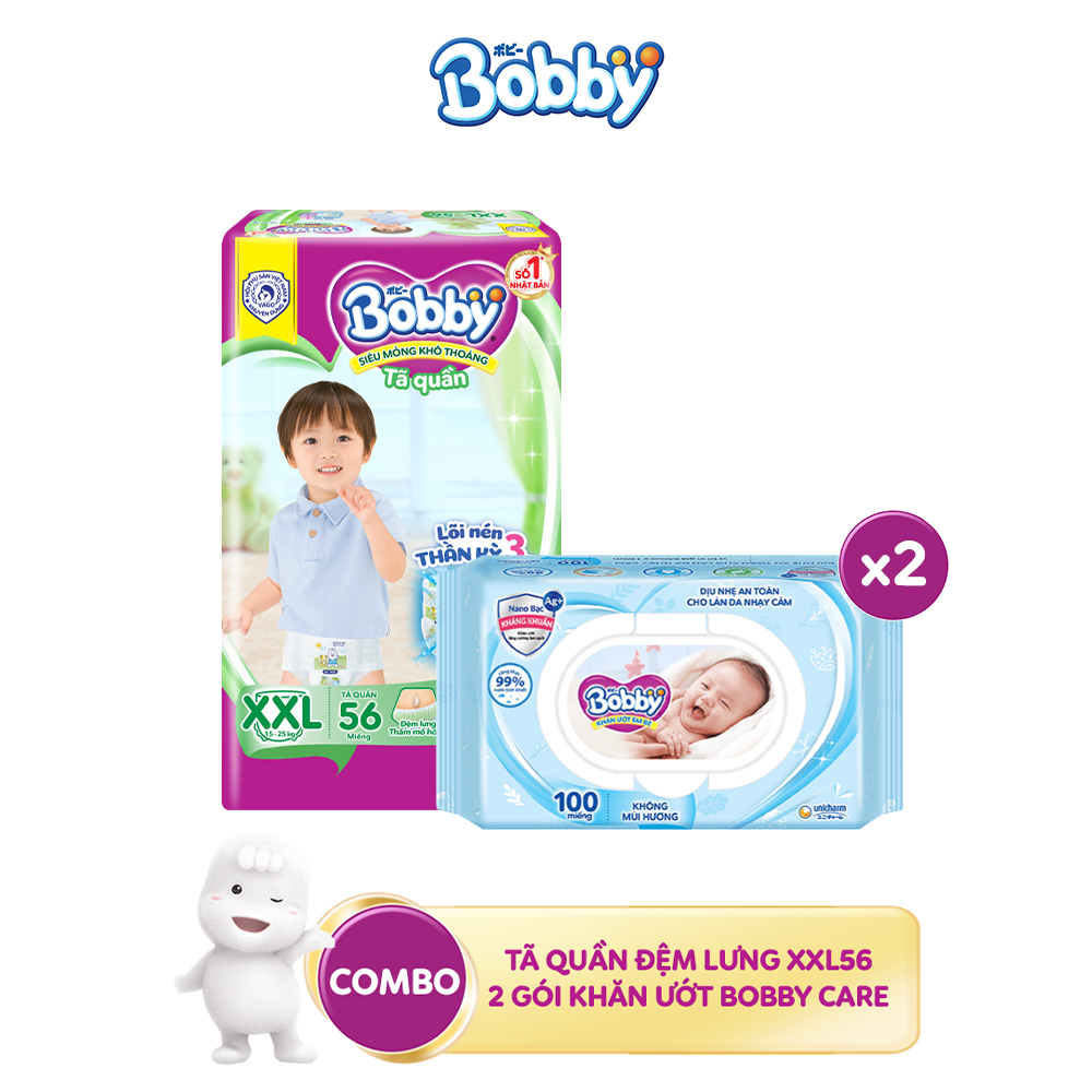 Combo 1 Tã dán Bobby đệm thun thấm mồ hôi đủ size và 2 Gói khăn ướt trẻ em Bobby care không hương 100 tờ