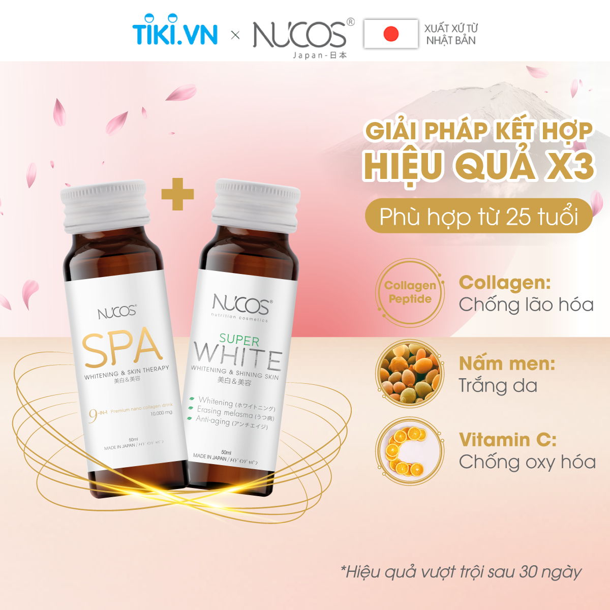 Combo collagen căng bóng trắng da mờ thâm nám Nucos Spa 10.000 và Nucos Super White 3 hộpx10 chaI