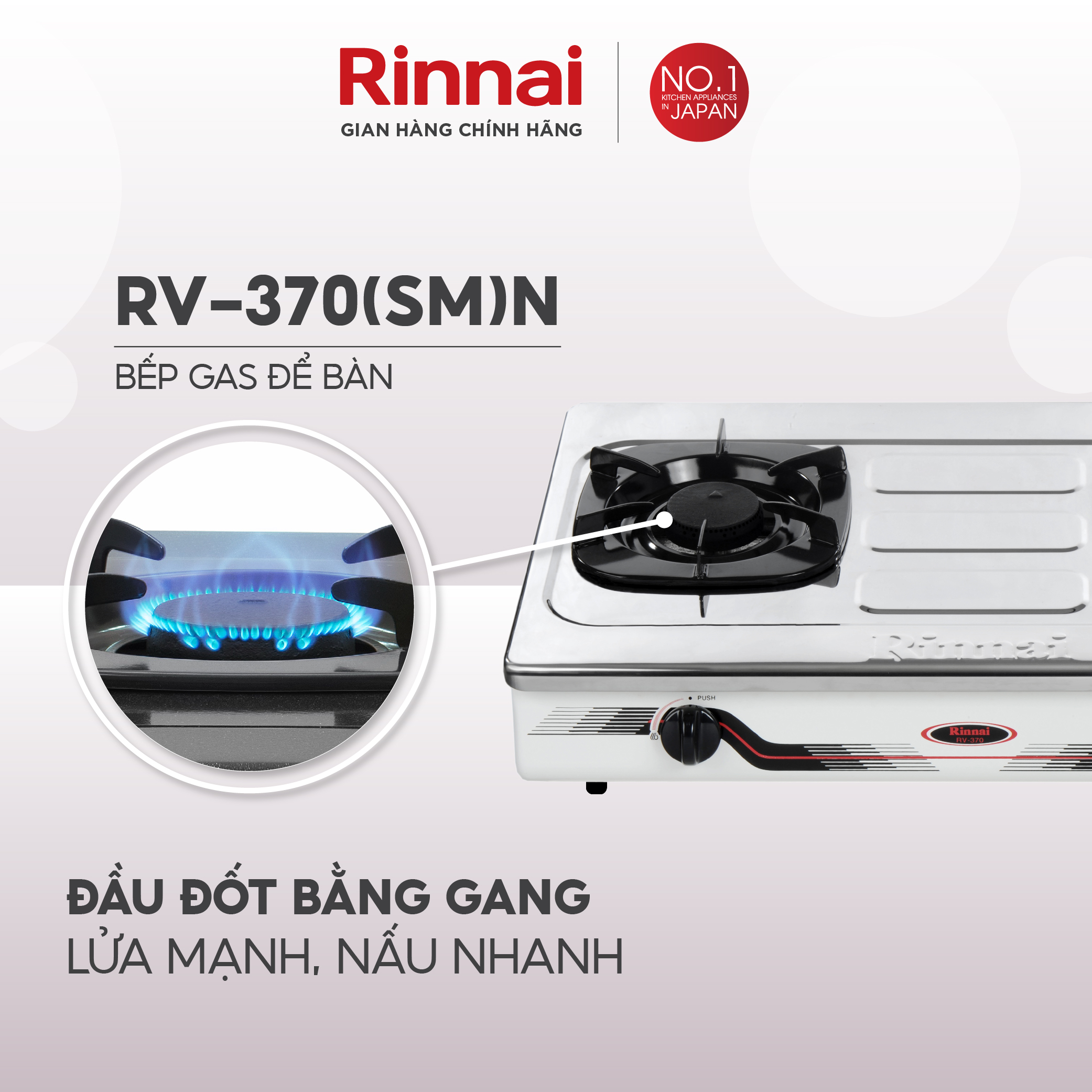 Bếp gas dương Rinnai RV-370N mặt bếp inox và kiềng bếp men - Hàng chính hãng.