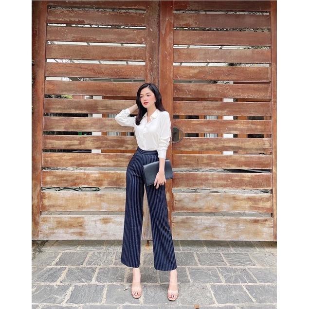 Quần kẻ cạp chun sau ống suông khoá hông siêu hót