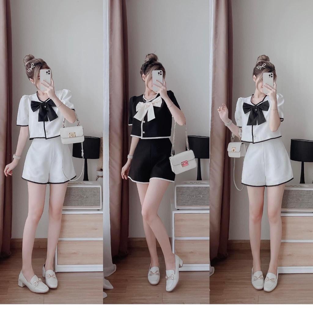 FREESHIP Set bộ đồ nữ áo croptop phối viền đính nơ đơn giản cute dành cho các tình yêu đi chơi, dạo phố KIM GIA DS
