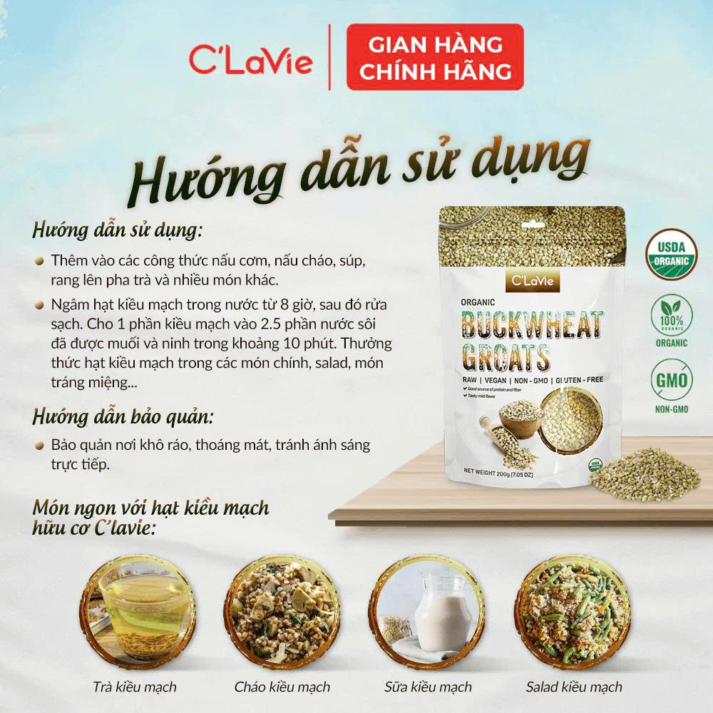 Hạt Kiều Mạch Hữu Cơ C'Lavie Gói 200g - Cho Bé Ăn Dặm, Tiện Lợi, Eatclean, Nấu Sữa Hạt, Healthy, Người Ăn Chay, Giàu Dinh Dưỡng