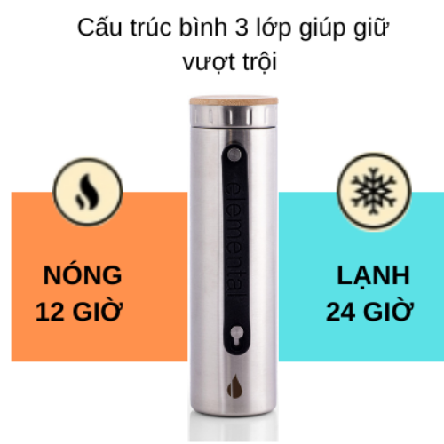 Bình giữ nhiệt Elemental Iconic màu bạc 590ml, giữ nhiệt vượt trội, inox 304, FDA Hoa Kì, An toàn sức khỏe, có lưới lọc