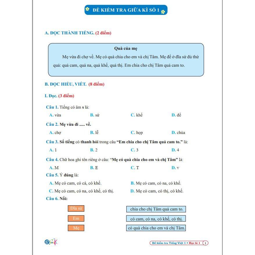 Sách - Đề Kiểm Tra Tiếng Việt 1 (Cánh Diều) - Học Kì 1 (1 quyển)