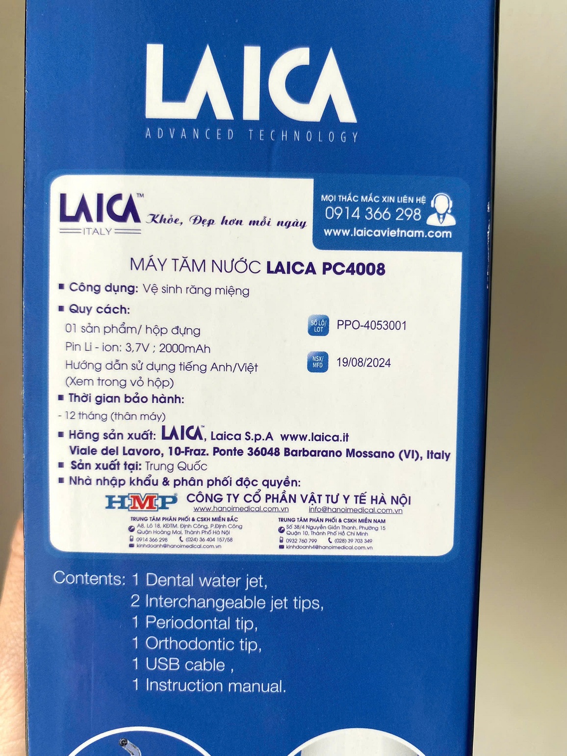 Máy Tăm Nước Cầm Tay Cho Người Niềng Răng LAICA PC4003 - ITALY - 3 Chế Độ - 4 Đầu Phụ - Sạc Pin