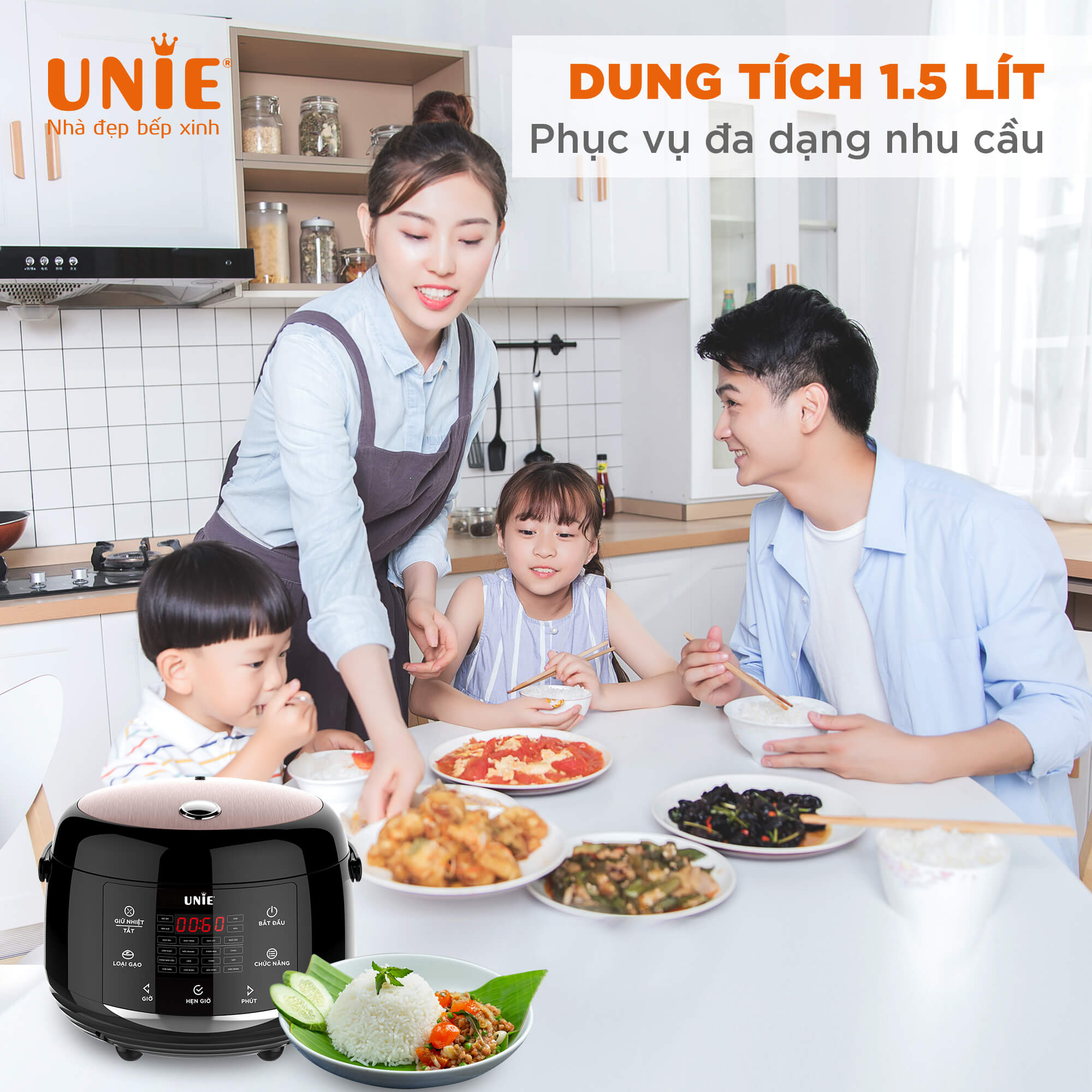 Nồi cơm điện UNIE UEC1572B,Công nghệ ủ nhiệt 3D,Lòng nồi gốm cao cấp,giữ ấm lên tới 24h, 16 chương trình nấu đa dạng-hàng chính hãng UNIE