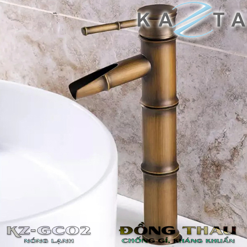 Vòi lavabo nóng lạnh KAZTA KZ-GC02 đồng thau thân trúc kèm 2 dây cấp nóng lạnh