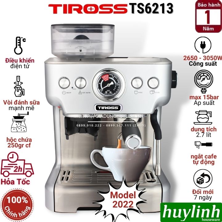 Máy pha cà phê Espresso Tiross TS6213 - Tích hợp máy xay cafe [Model mới 2022] - Hàng chính hãng