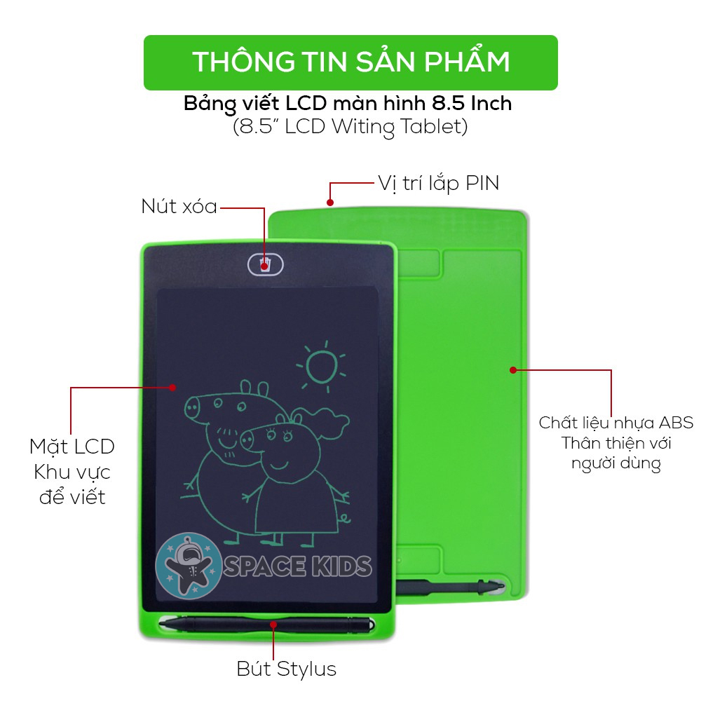 Bảng vẽ điện tử thông minh tự xóa màn hình LCD Đa sắc 8.5 inch cho bé Space Kids Đồ chơi giáo dục