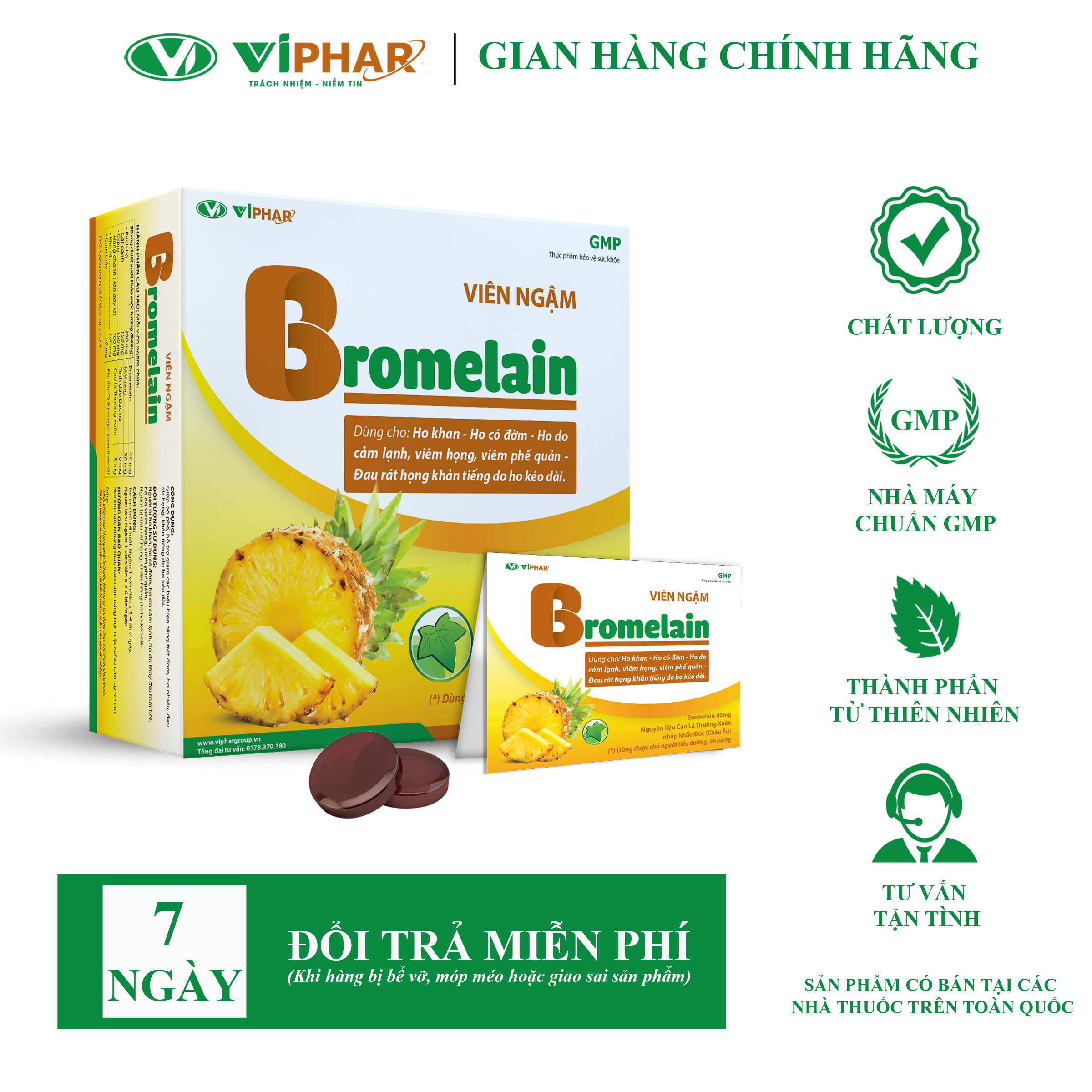 Viêm Ngậm Bổ Phế, Giảm Ho, Giảm Đau Rát Họng Nhanh, An Toàn Cho Người Tiểu Đường Viên Ngậm Ho Bromelain VIPHAR