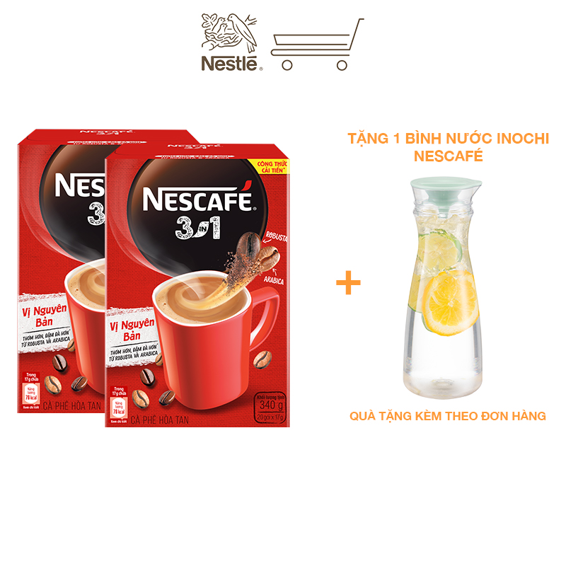[Tặng 1 bình nước] Combo 2 hộp cà phê hòa tan Nescafé 3in1 vị nguyên bản - công thức cải tiến (Hộp 20 gói)