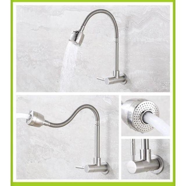Vòi rửa bát đơn lạnh cắm tường cần mềm Inox 304