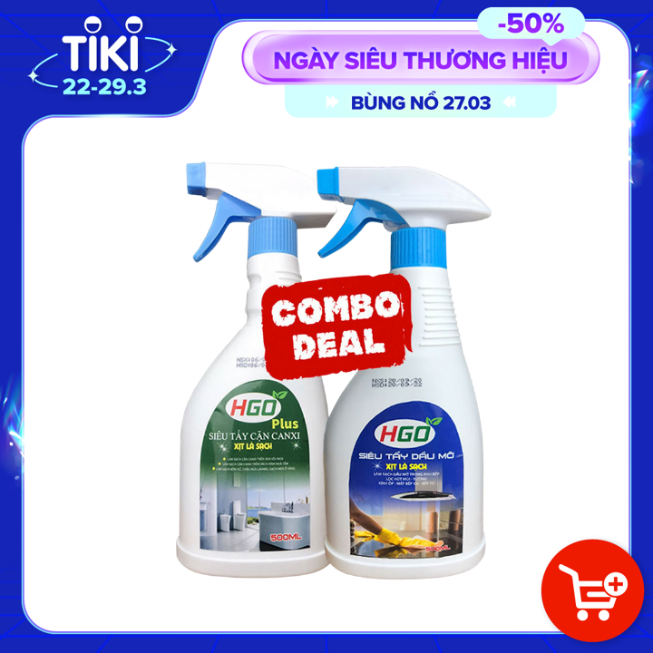 Combo tẩy cặn canxi nhà tắm HGO Plus + tẩy dầu mỡ nhà bếp HGO bình xịt 500ml, sử dụng tiện lợi hiệu quả tiết kiệm