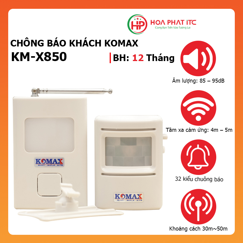 Chuông báo khách hồng ngoại cao cấp Komax - Hàng chính hãng KM-X850 Chuông báo dùng pin + Adapter tiện ích - Hàng chính hãng