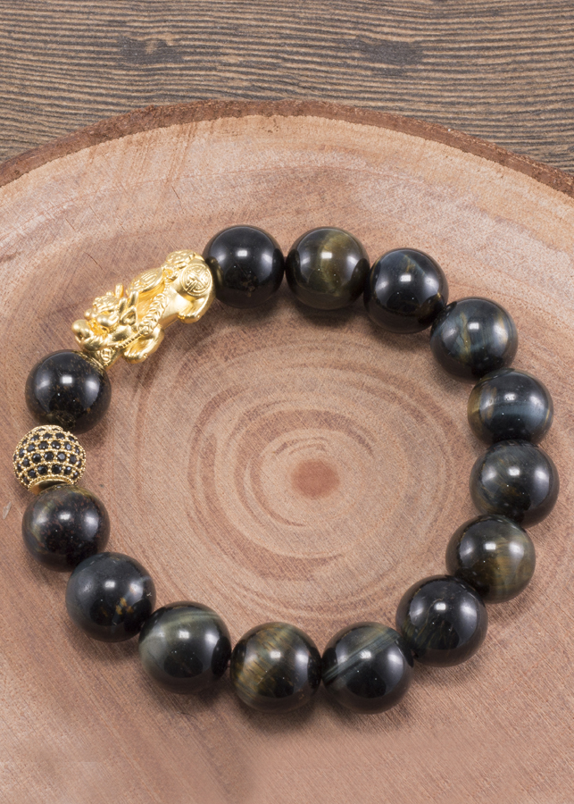 Vòng Tay Nam Đá Mắt Hổ Xanh Đen Phối Tỳ Hưu Bạc Mạ Vàng 24K Ngọc Quý Gemstones