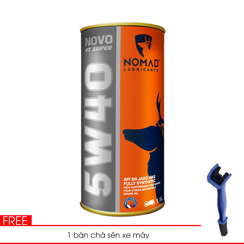 Nhớt Xe Máy Tổng Hợp Toàn Phần NOMAD Lon 1.1L 5W40-SN-MA2 TẶNG Bàn Chải Chà Sên 3D Loại Tốt Cho Xe Côn Tay Exciter/Winner/Moto PKL Nhập Khẩu Chính Hãng