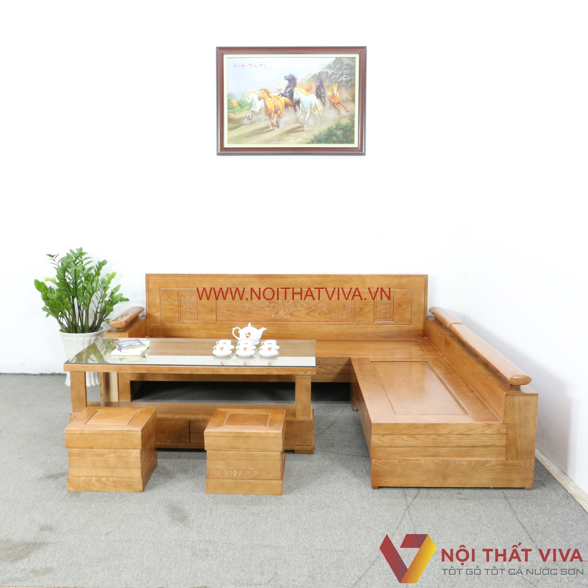 Bộ Sofa Góc Gỗ Sồi Nga Chạm Hoa Văn 5 Món Hiện Đại Bền Đẹp Giá Rẻ