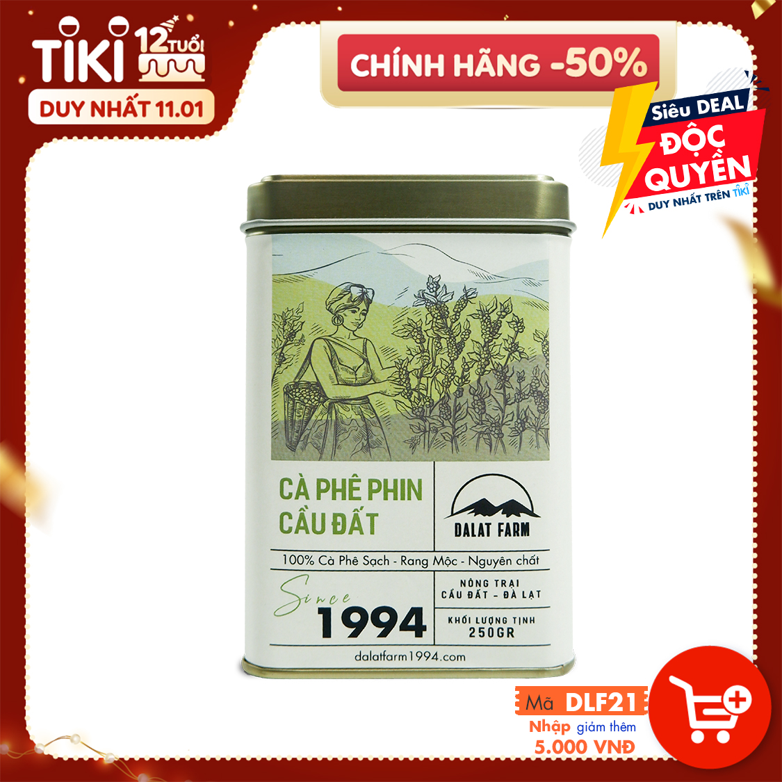 Cà Phê Phin Cầu Đất (Arabica &amp; Robusta) Rang Mộc DalatFarm - Hộp 250Gr (Dạng Bột)