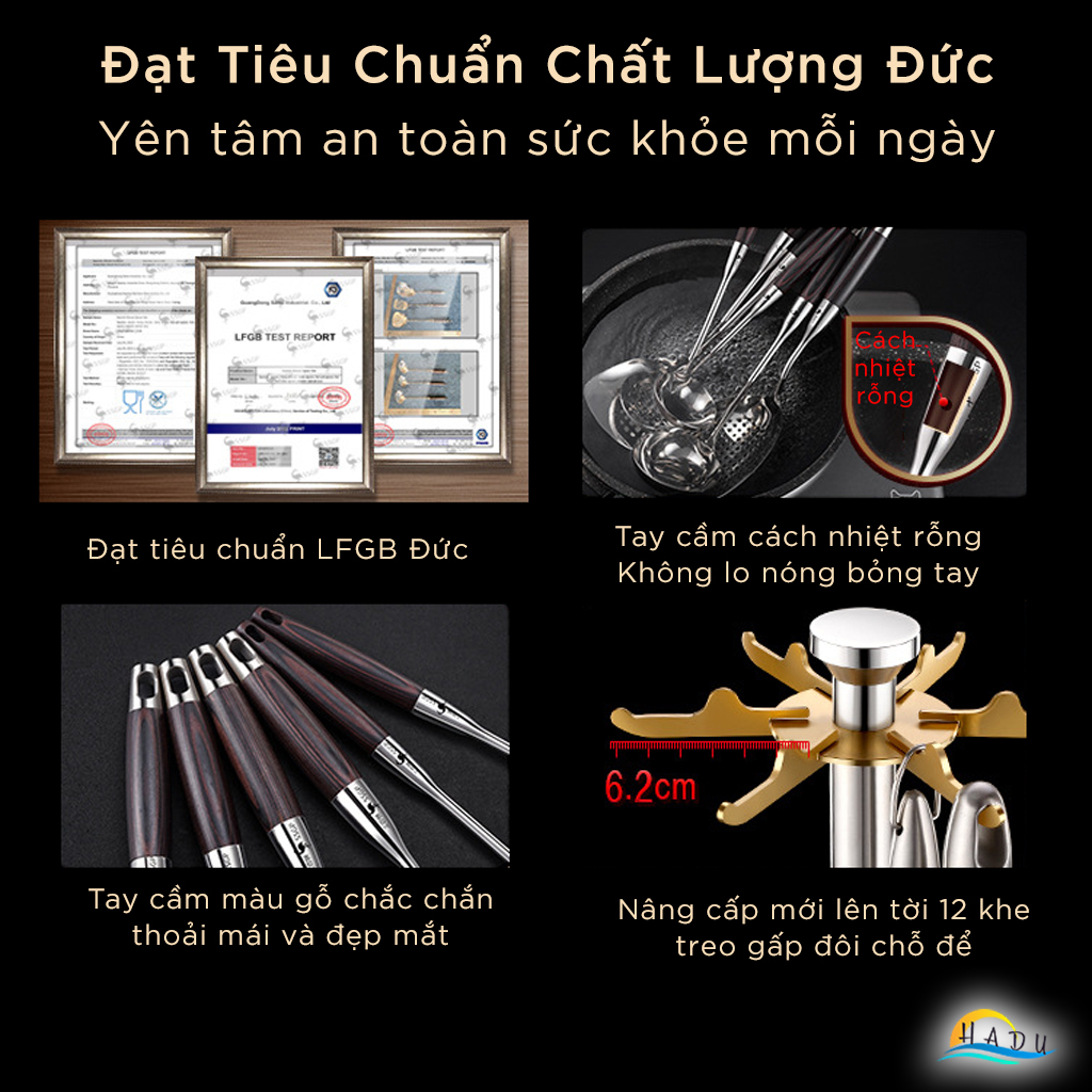 Bộ Dụng Cụ Nhà Bếp Nấu Ăn 6 Món Inox 316 Tay Cầm Gỗ Cao Cấp Đạt Chất Lượng LFGB Đức SSGP