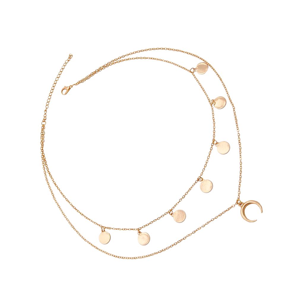 Moon Pendant Mini Disc Choker Chain Double Layer Clavicle Necklace Golden