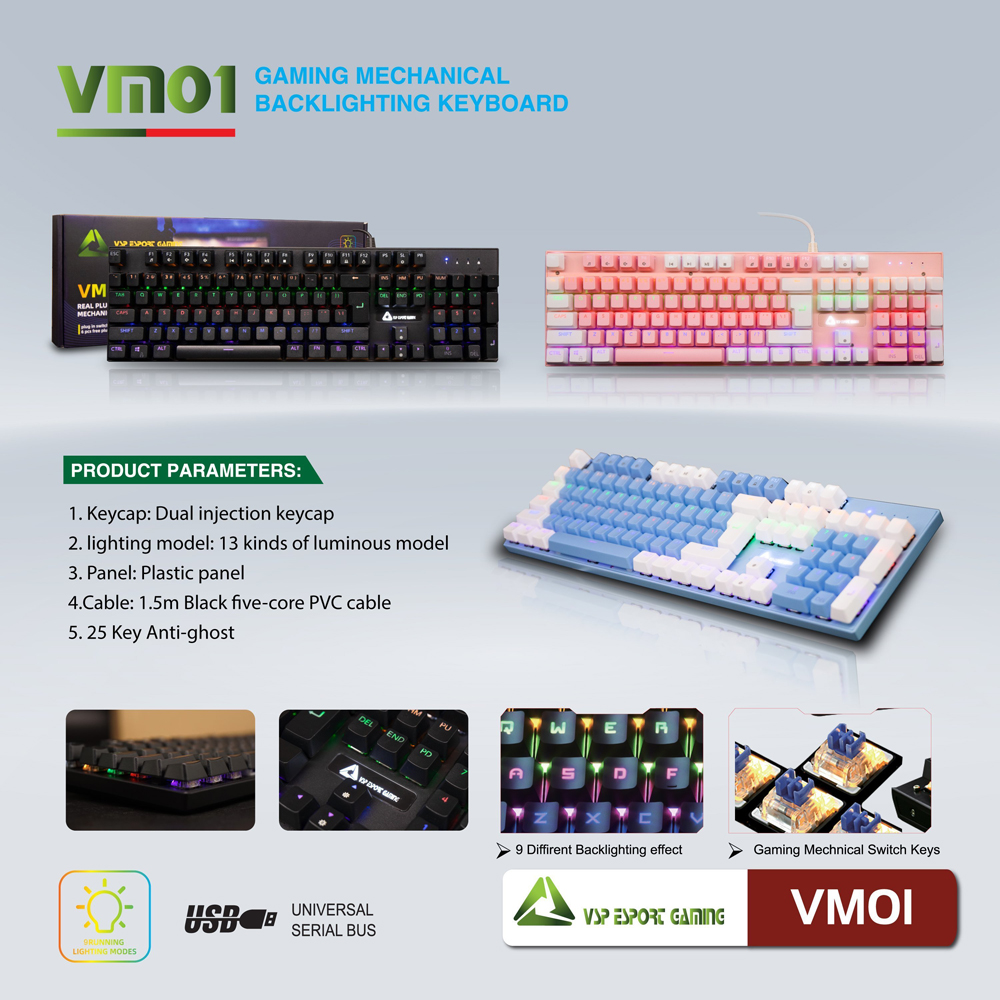 Bàn phím Cơ VSP Esport VM01, Bàn phím máy tính cơ cho game thủ - Hàng Chính Hãng