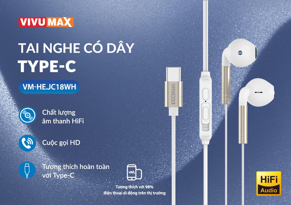 Tai nghe dây chân Type C Vivumax JC18 tương thích các thiết bị có cổng Type C - Hàng Chính Hãng, Bảo Hành Chính Hãng