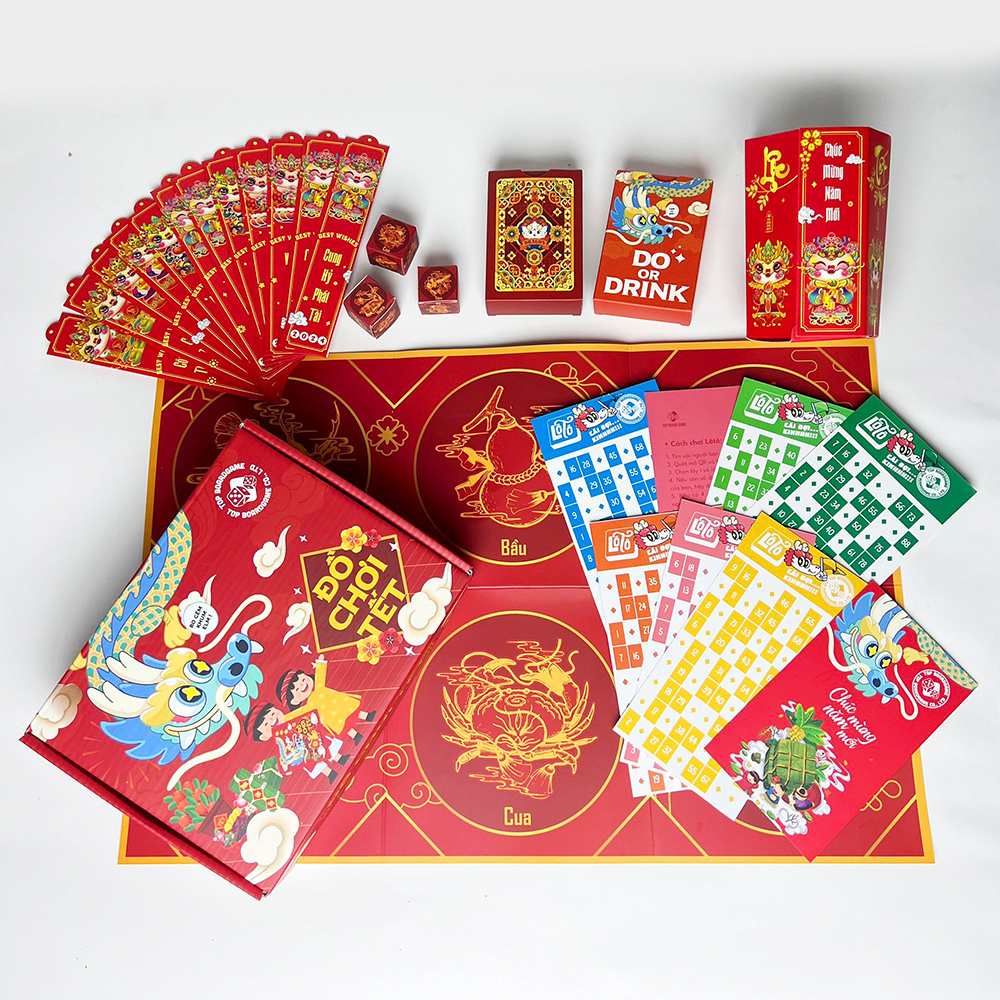 Combo Board Game Đồ Chơi Tết 2024 Đỏ gồm Bầu Cua Bài Tây Drinking Game Lô Tô Lì Xì Quẻ cho nhóm bạn vui chơi