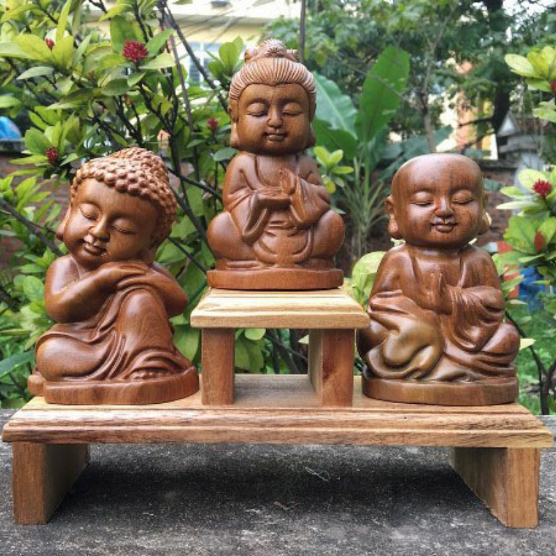 Bộ tượng gỗ tam phật thiền gỗ bách xanh đặt bàn trà, bàn làm việc - Tượng gỗ thưởng trầm, thưởng trà, trang trí tiểu cảnh