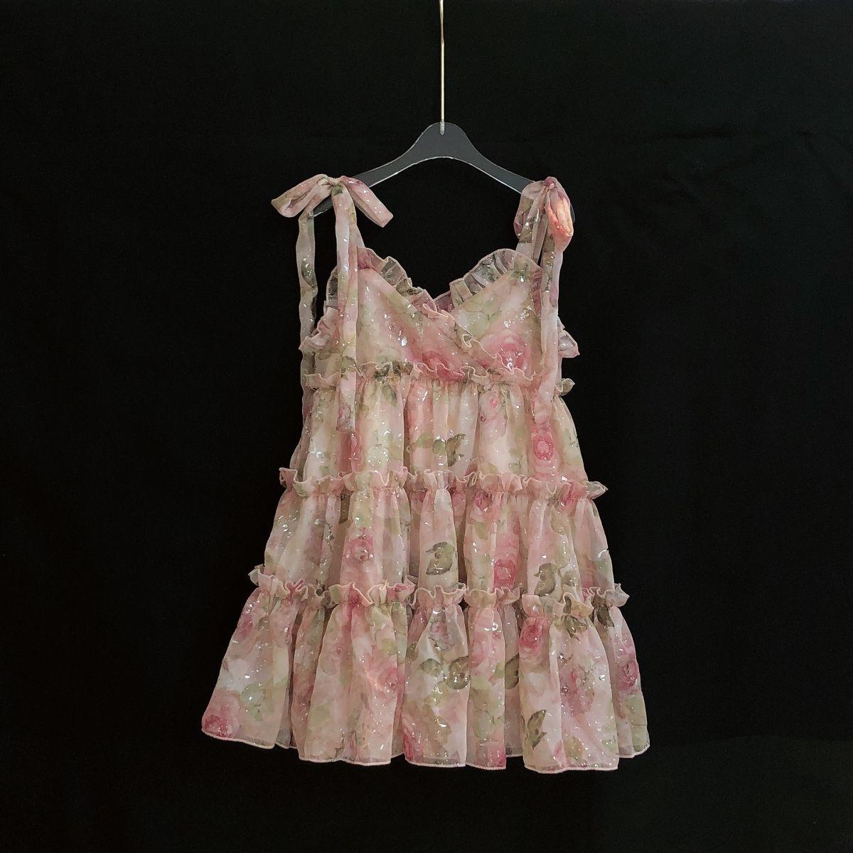 SHUANGYAN 2023 Mùa hè khí chất Pháp dây đeo hoa nhỏ nữ bảo ngọt ngào nghỉ mát gió hoa hồng nhẹ xa hoa công chúa váy