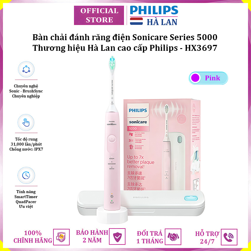 Bàn chải đánh răng điện rhương hiệu Hà Lan cao cấp Philips Sonicare Series 5000 HX3697 - Hàng nhập khẩu (Bảo Hành 24 Tháng)