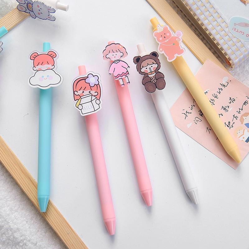 Bút Bi Bấm Nhiều Màu Maccaron Gắn Hình Chibi Dễ Thương 0.5mm Mực Đen