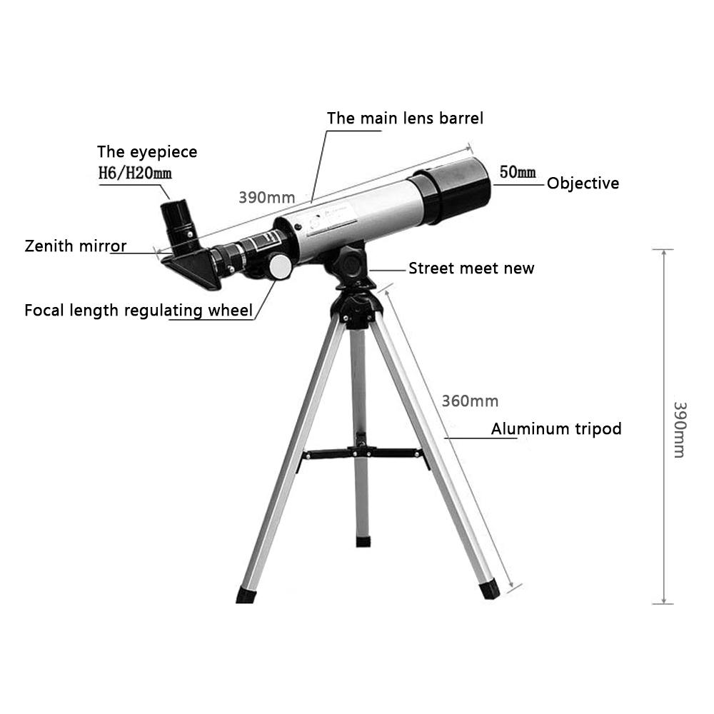 High Definition Refractive Astronomical Telescope Tripod 50mm Aperture 360mm Focal Length 90X Max Magnification