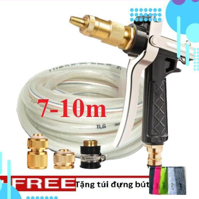 Bộ dây vòi xịt nước rửa xe,tưới cây ,tăng áp 3 lần, loại 7m,10m 206236 đầu đồng,cút đồng, + túi đựng bút