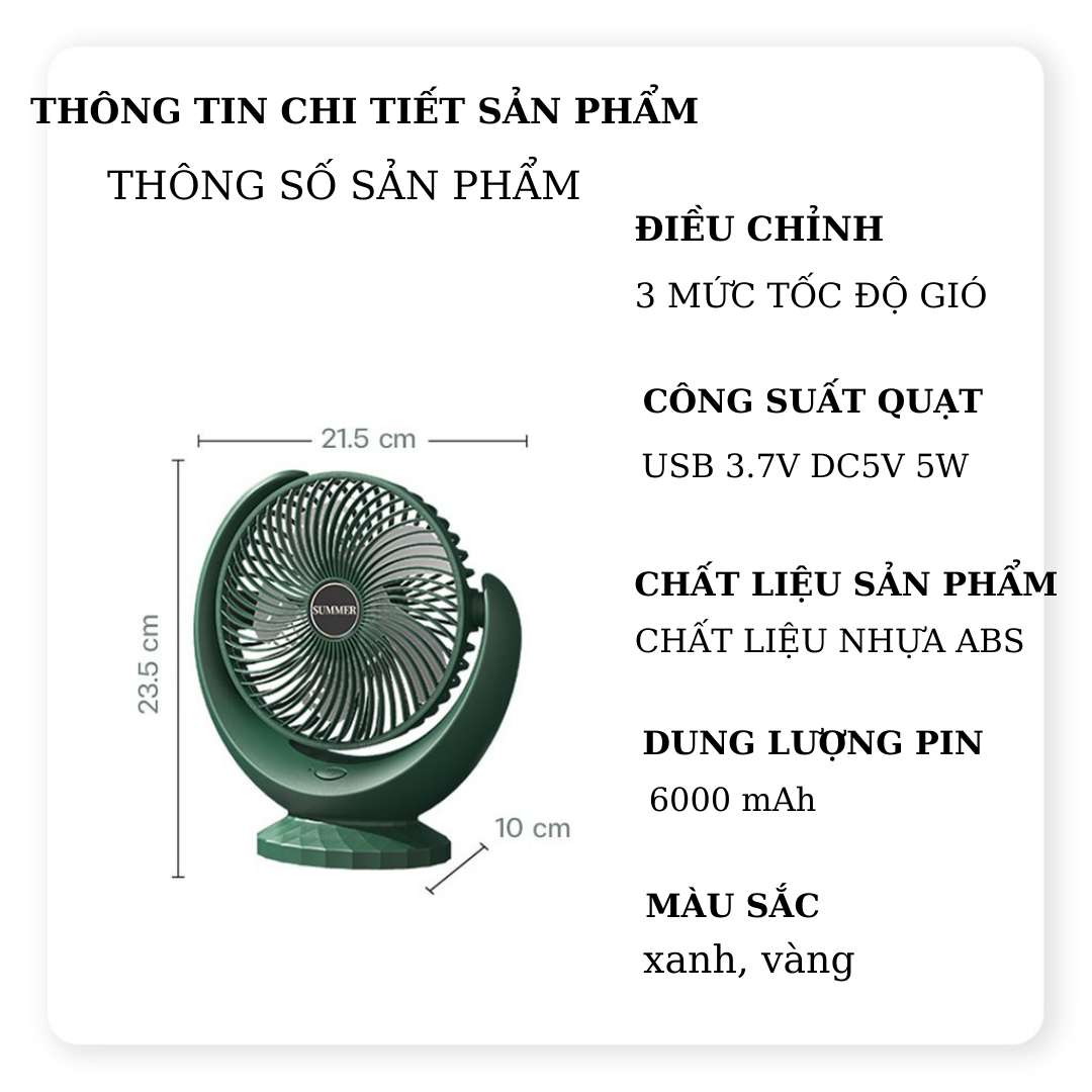 Quạt Mini Để Bàn Sạc Pin - Quạt Tích Điện Loại Lớn SUMMER Desktop Fan, Quạt Điện 3 Tốc Độ Gió, Tích Hợp Chế Độ Gập Thông Minh Sử Dụng 6-8 Tiếng