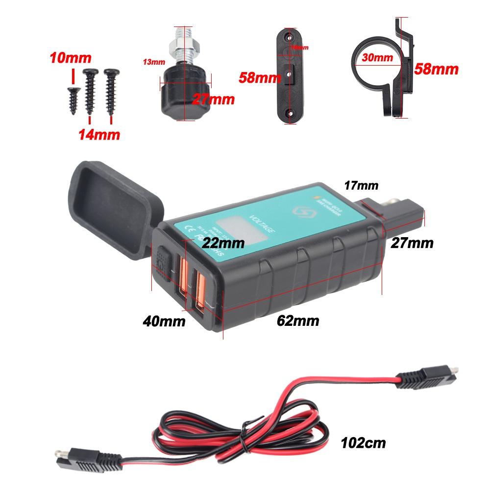 Bộ sạc nhanh hai cổng USB gắn xe máy chống thấm nước có công tắc vôn kế 12V 3.0