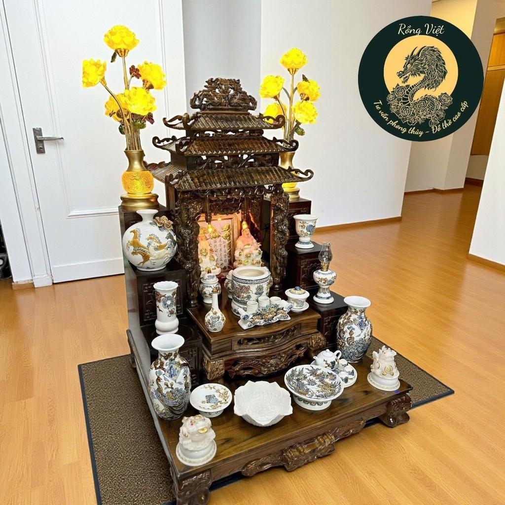 Bộ sứ thờ men trắng RỒNG VIỆT - gốm bát tràng đắp nổi rồng phượng tinh xảo cho ban thờ thần tài
