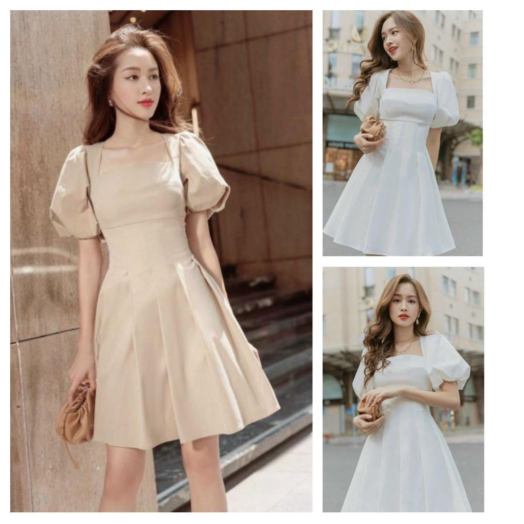 Đầm Xòe Dạo Phố Cổ Vuông Tay Phồng Chít Eo BY8374