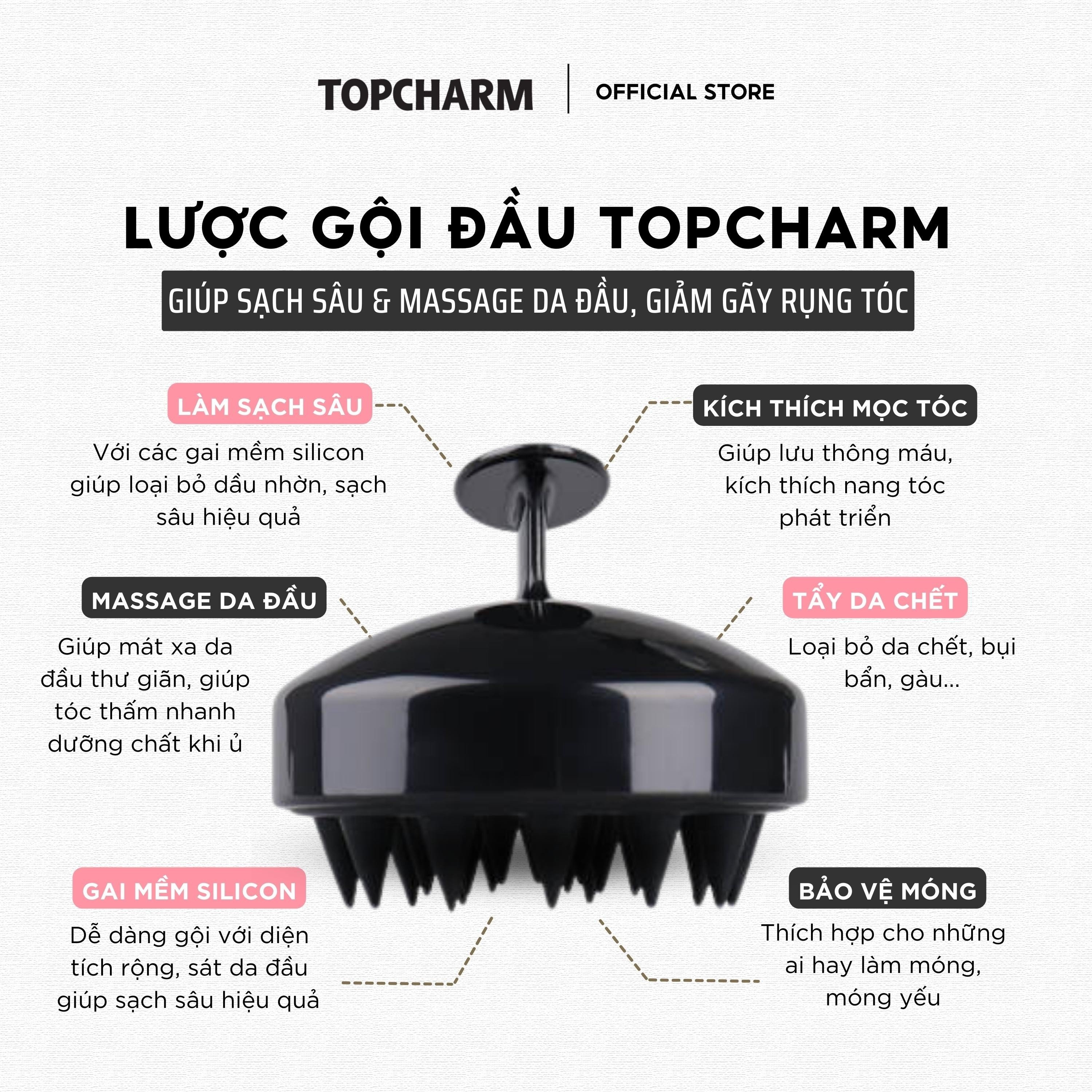 Lược gội đầu silicon TOPCHARM - Massage da đầu, làm sạch sâu, giúp tăng tuần hoàn máu, giảm gãy rụng và kích thích mọc tóc