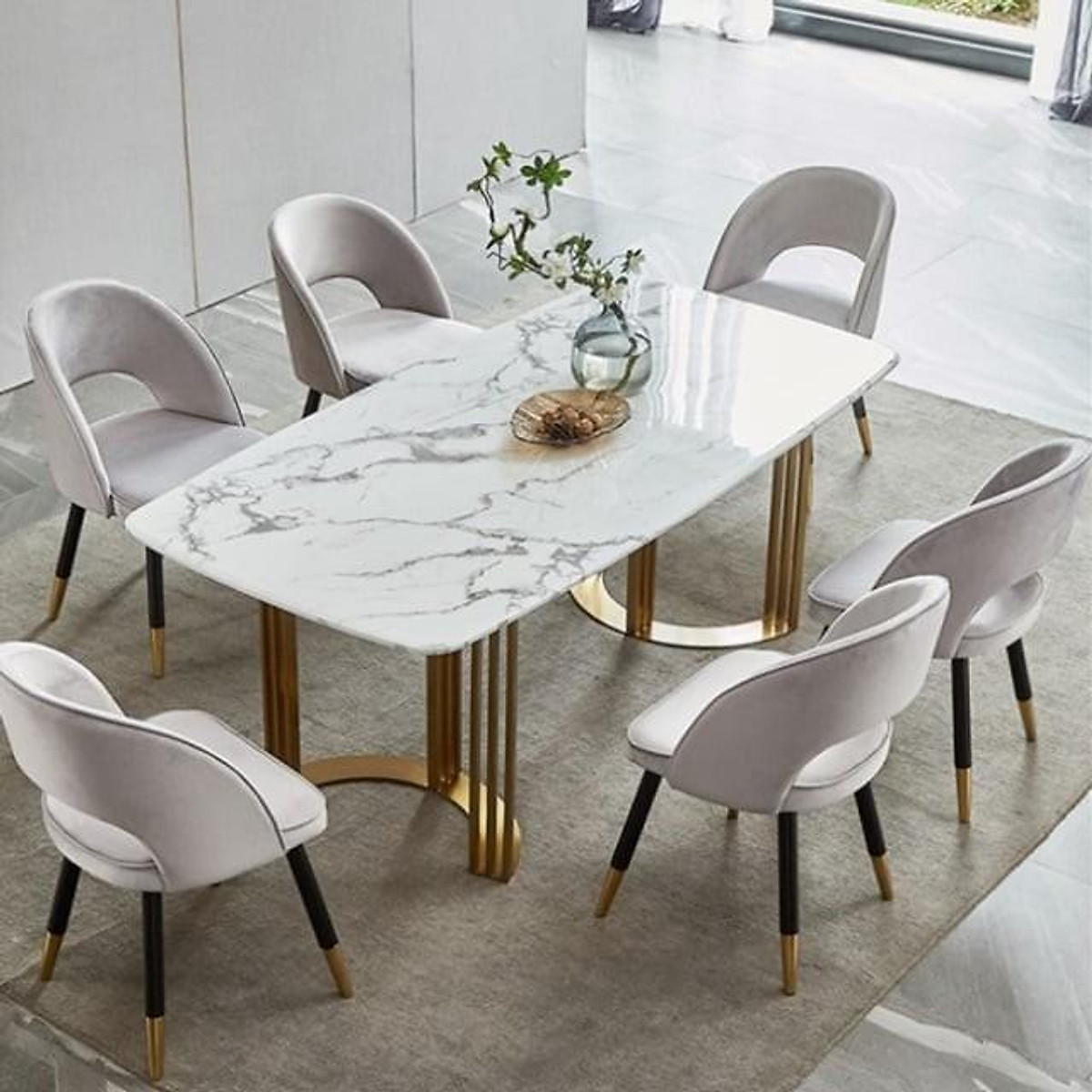 Bộ bàn ghế phòng ăn Tundo mặt đá cẩm thạch 4 hoặc 6 ghế theo kích thước bàn
