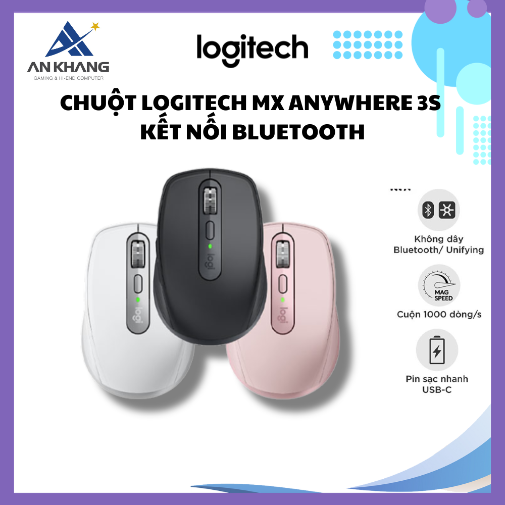 Chuột Logitech MX Anywhere 3S Kết nối không dây Bluetooth, Yên lặng Quiet Click, 8000 DPI - Hàng Chính Hãng - Bảo Hành 12 Tháng