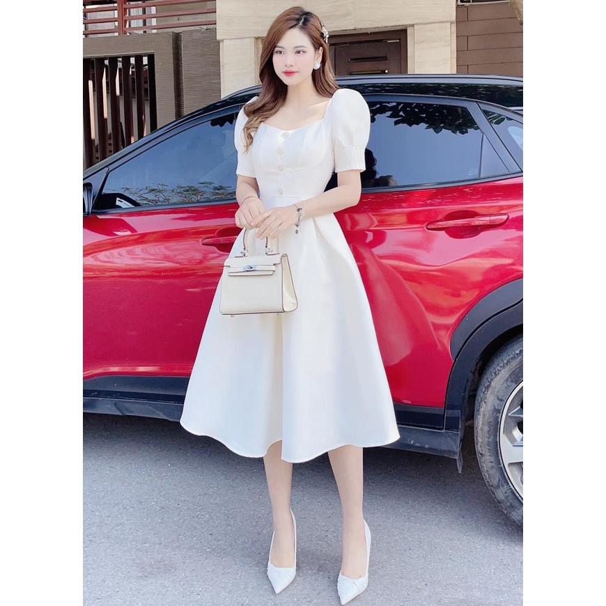 Đầm váy dự tiệc thời trang nữ sang chảnh với tone màu trắng phối đính nút xinh xắn dành cho các nàng đi dự tiệc