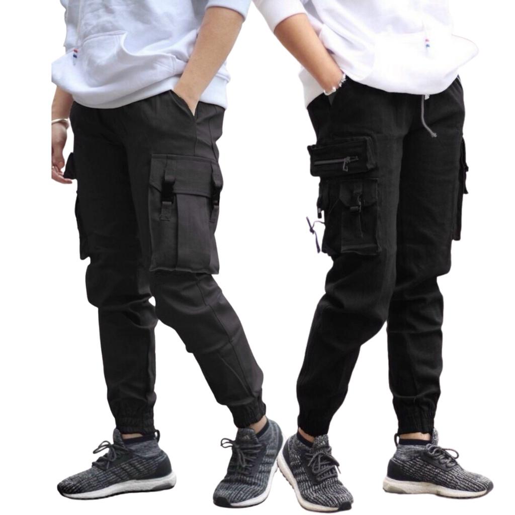 Quần Jogger túi hộp 1 khóa kéo dài ống bo gấu - Chất Vải Kaki Kiểu Thể Thao UNISEX một Màu Đen. 01x