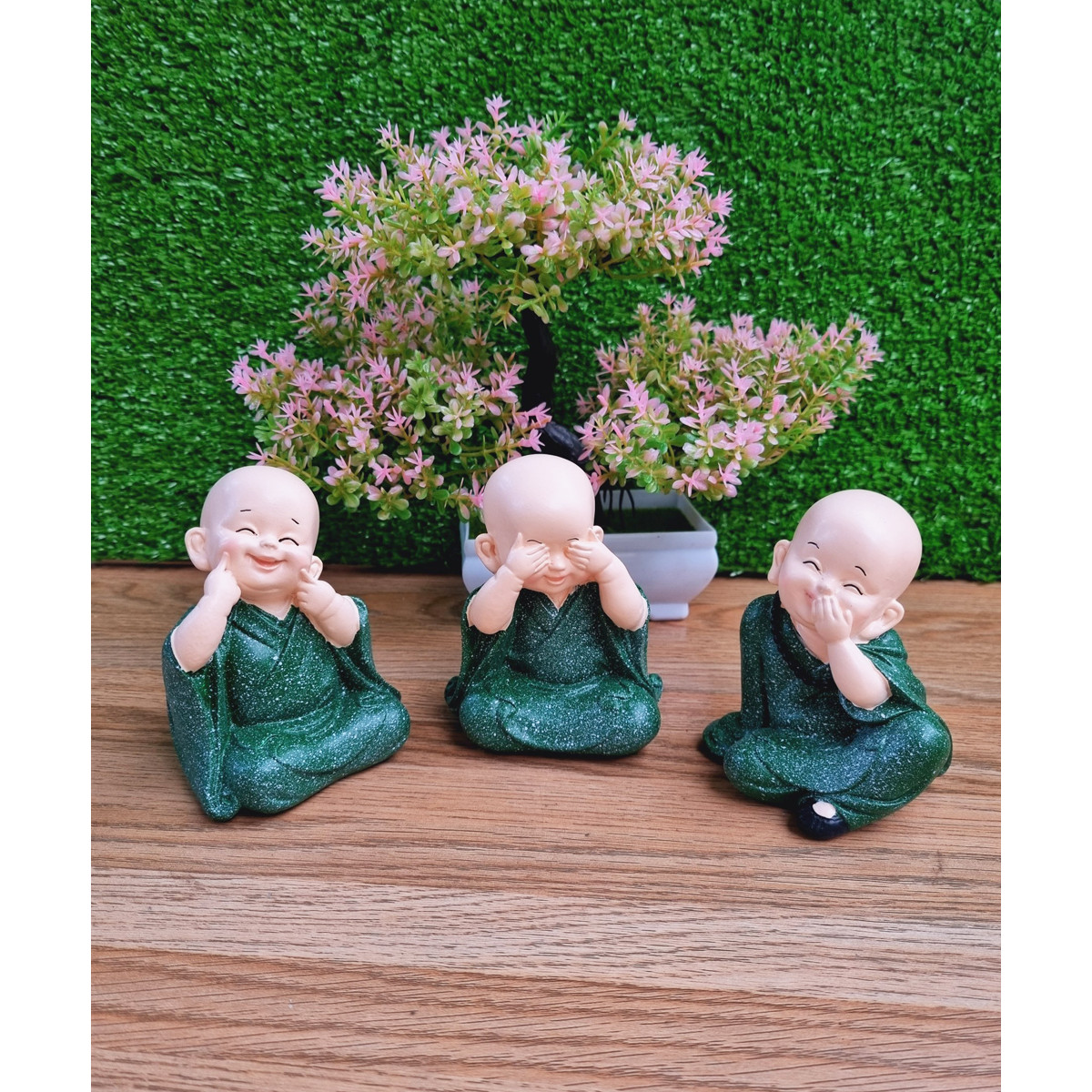 Bộ 03 tượng chú tiểu Tam Không áo xanh lá 10cm - tặng kèm 50 xu vàng mini may mắn