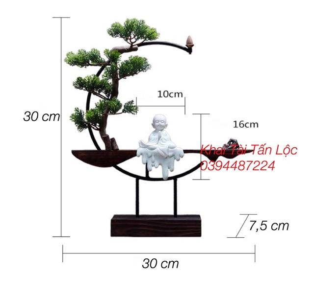 Bộ tượng chú tiểu ngồi thiền và kệ gỗ thác khói kèm phụ kiện 7 món