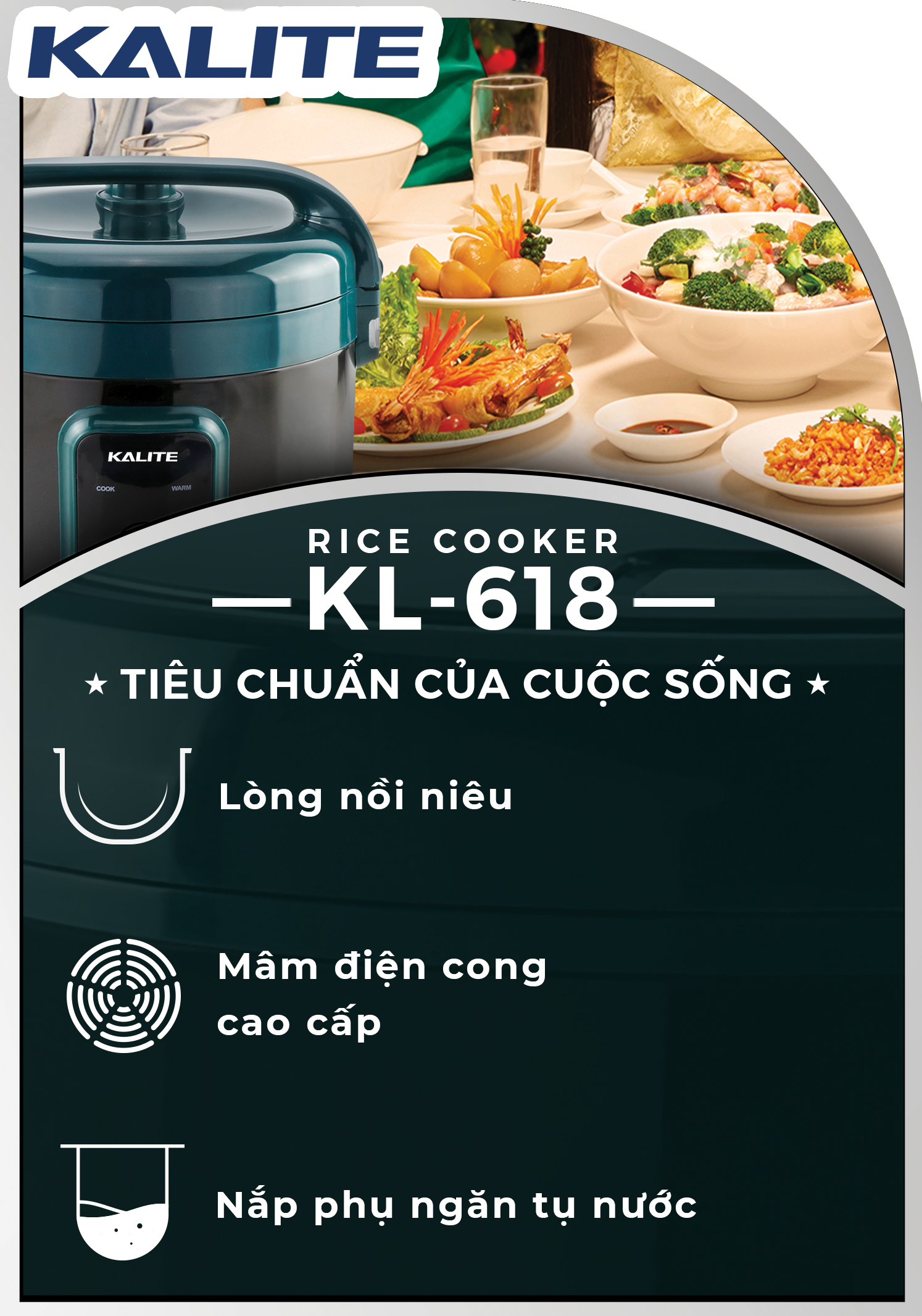 Nồi cơm điện Kalite KL 618, công suất 700W, dung tích 1.8L, quai cầm liền, nút bấm cơ kiểu dáng mới, hàng chính hãng