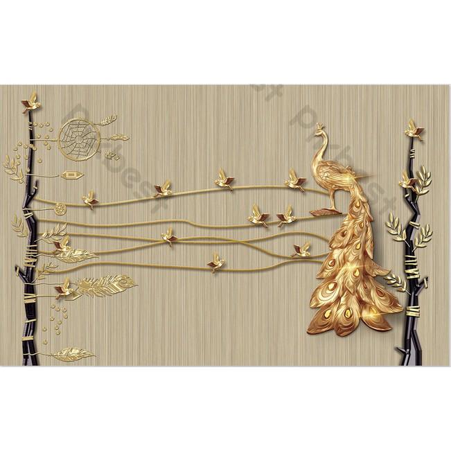 Tranh dán tường Phong cảnh chim công vàng sang trọng, Tranh 3d dán tường hiện đại MS792524