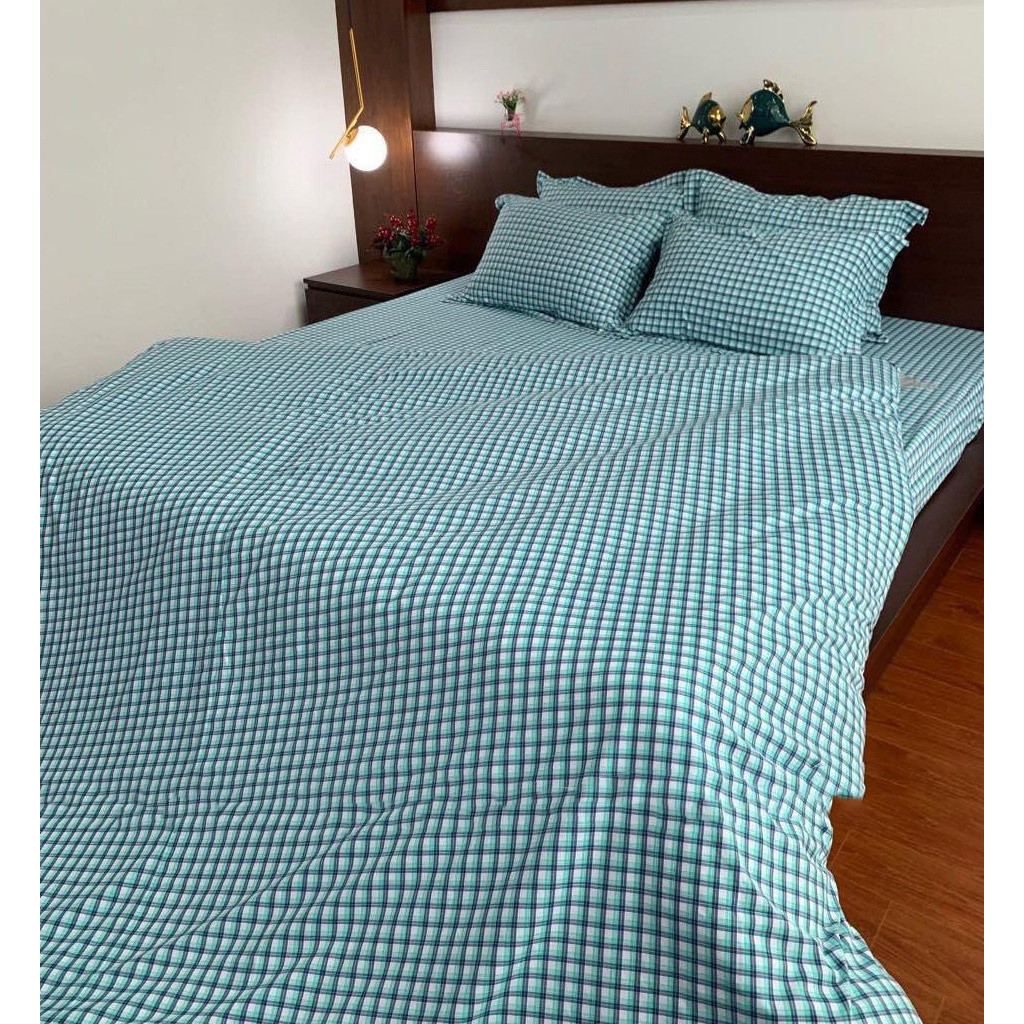 Bộ chăn ga gối kẻ xanh vừa 1m2x2m