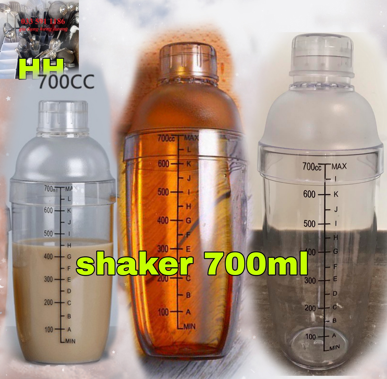 Combo bộ dụng cụ pha chế 7 món (ca 500-250-100ml, thìa nâu 10g, thìa khuấy inox, shaker 530-700ml)