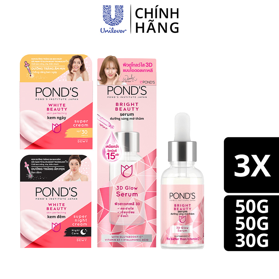 Combo Serum Dưỡng Sáng Mờ Thâm 3D Glow và Kem Dưỡng Ẩm Ngày Đêm Pond's Bright Beauty 30G &amp; 45G x2