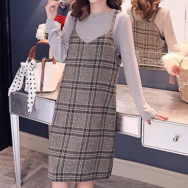 Đầm Bầu Thu Đông: Set Yếm Dạ 2 Dây Kẻ Caro Có Khóa Cho Con Ti